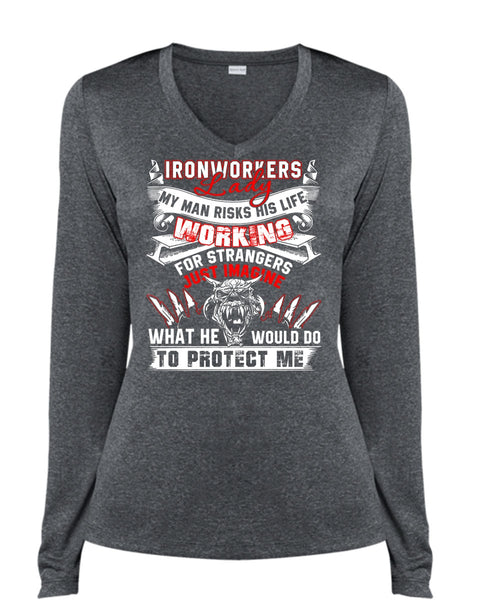 Ironworkers Lady T Shirt, I Love Ironworker T Shirt, Cool Shirt (Ladies LS Heather V-Neck)