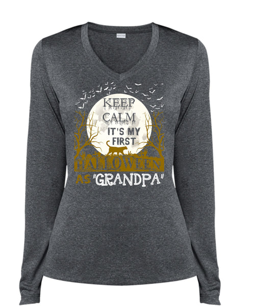 Keep Calm It's My First Halloween As Grandpa T Shirt, I Love You Pumpkin T Shirt, Cool Shirt (Ladies LS Heather V-Neck)