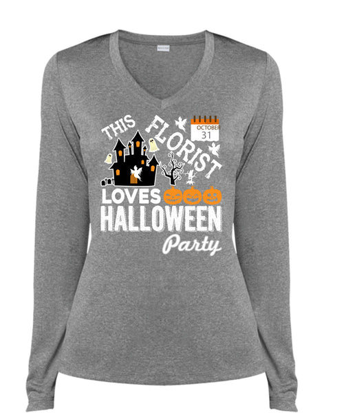 This Florist Loves Halloween Party T Shirt, I Love Florist T Shirt, Cool Shirt (Ladies LS Heather V-Neck)