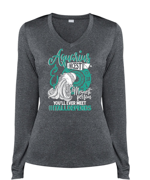 Aquarius Nicest Meanest Person T Shirt, Being An Aquarius T Shirt, Cool Shirt (Ladies LS Heather V-Neck)