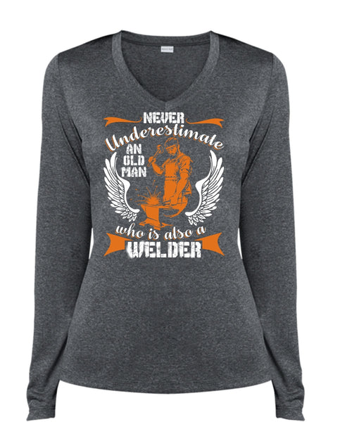 Old Man Who Is Also A Welder T Shirt, Being A Welder T Shirt, Cool Shirt (Ladies LS Heather V-Neck)