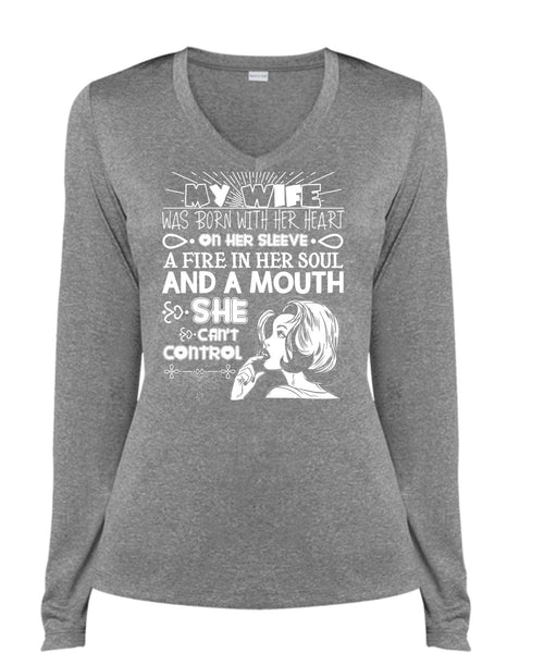 My Wife Was Born With Her Heart T Shirt, Fire In Her Soul T Shirt, Cool Shirt (Ladies LS Heather V-Neck)