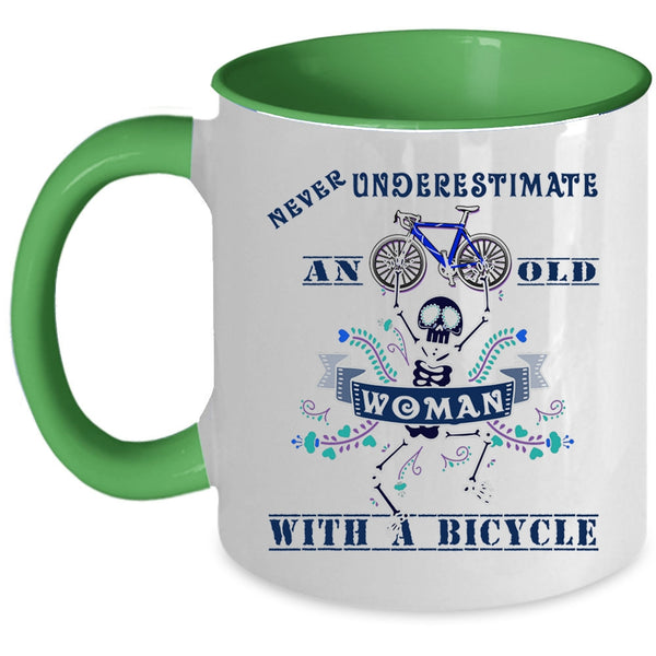 Funny Bicycles Coffee Mug, An Old Woman With A Bicycle Accent Mug