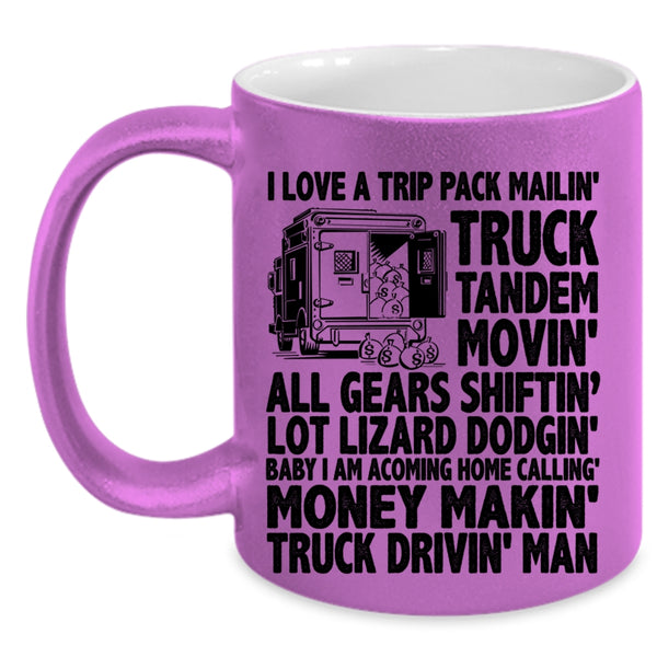Truck Driving Man Coffee Mug, I Love A Trip Pack Mailing Truck Tandem Accent Mug