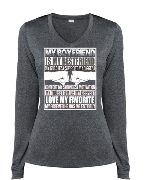 My Boyfriend Is My Best Friend T Shirt, Love My Favorite T Shirt, Cool Shirt (Ladies LS Heather V-Neck)