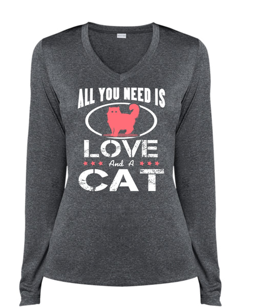 All You Need Is Love And A Cat T Shirt, My Pets T Shirt, My Favorite T Shirt (Ladies LS Heather V-Neck)
