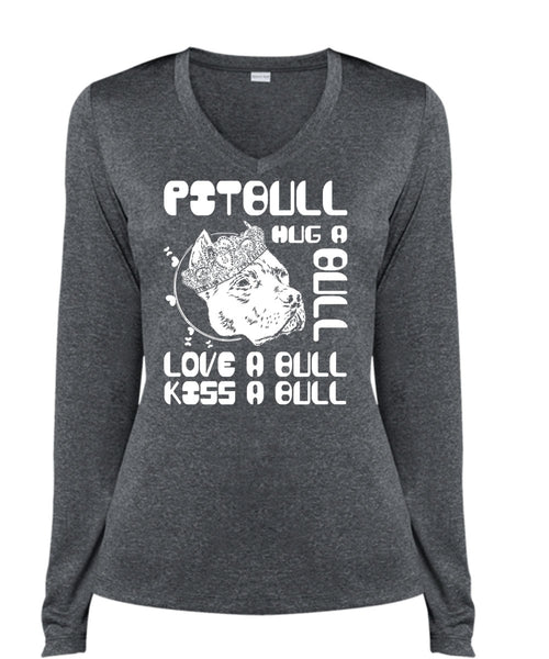 Pit Bull Hug A Bull T Shirt, Love A Bull T Shirt, Cool Shirt (Ladies LS Heather V-Neck)