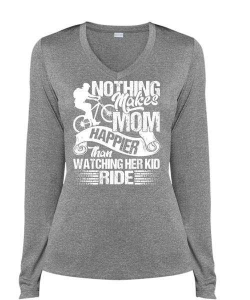 Watching Her Kid Ride T Shirt, Makes Mom Happier T Shirt, Cool Shirt (Ladies LS Heather V-Neck)