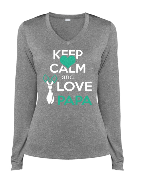 Keep Calm And Love Papa T Shirt, Father's Day T Shirt (Ladies LS Heather V-Neck)