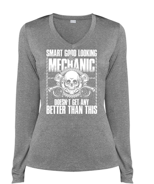 Smart Good Looking Mechanic T Shirt, Being A Mechanic T Shirt, Cool Shirt (Ladies LS Heather V-Neck)