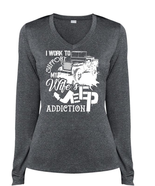 I Work To Support My Wife's Jeep Addiction T Shirt, I Love Jeep T Shirt, Cool Shirt (Ladies LS Heather V-Neck)