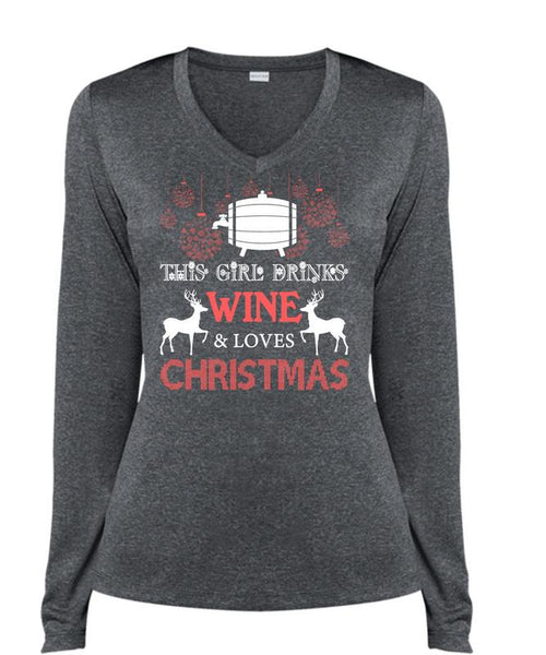 This Girl Drinks Wine T Shirt, Loves Christmas T Shirt, Cool Shirt (Ladies LS Heather V-Neck)