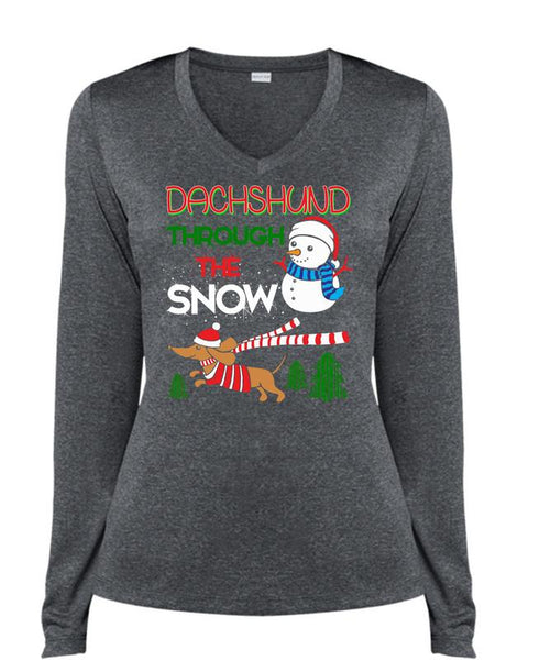 Dachshund Through The Snow T Shirt, I Love Christmas T Shirt, Cool Shirt (Ladies LS Heather V-Neck)