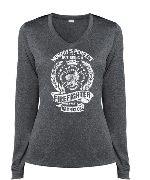 Being A Firefighter Is Pretty Damn Close T Shirt, I Love Firefighter T Shirt, Cool Shirt (Ladies LS Heather V-Neck)
