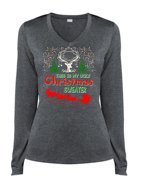 This Is My Ugly Christmas Sweater T Shirt, I Love Christmas T Shirt, Cool Shirt (Ladies LS Heather V-Neck)