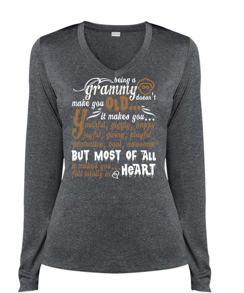 Being A Grammy Doesn't Make You Old T Shirt, Fall Totally In Heart T Shirt, Cool Shirt (Ladies LS Heather V-Neck)