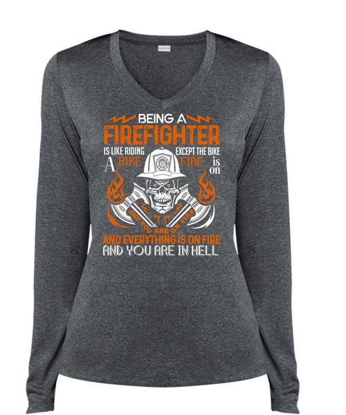 Being A Firefighter T Shirt, Like Riding A Bike Fire T Shirt, Cool Shirt (Ladies LS Heather V-Neck)