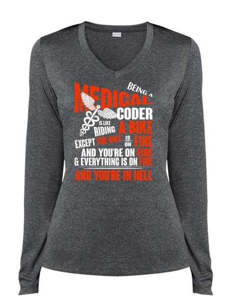 Being A Medical Coder T Shirt, Riding A Bike T Shirt, Cool Shirt (Ladies LS Heather V-Neck)
