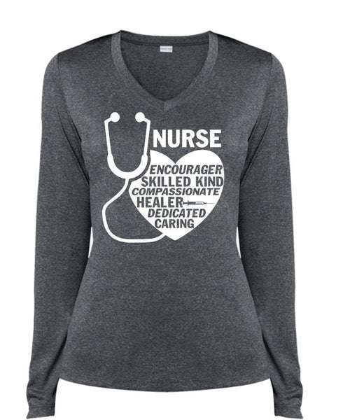 Nurse Encourager Skilled Kind T Shirt, Healer Dedicated Caring T Shirt, Cool Shirt (Ladies LS Heather V-Neck)