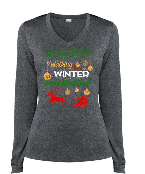Walking Winter Wonderland T Shirt, I Love Christmas T Shirt, Cool Shirt (Ladies LS Heather V-Neck)