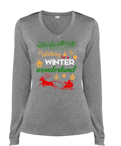 Walking Winter Wonderland T Shirt, I Love Christmas T Shirt, Cool Shirt (Ladies LS Heather V-Neck)
