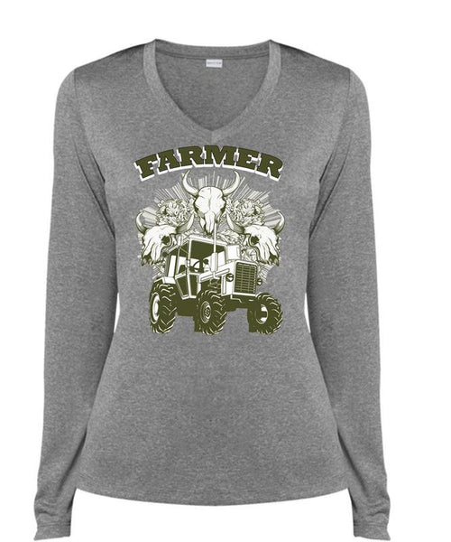 Being A Farmer T Shirt, I Love Farming T Shirt, Cool Shirt (Ladies LS Heather V-Neck)