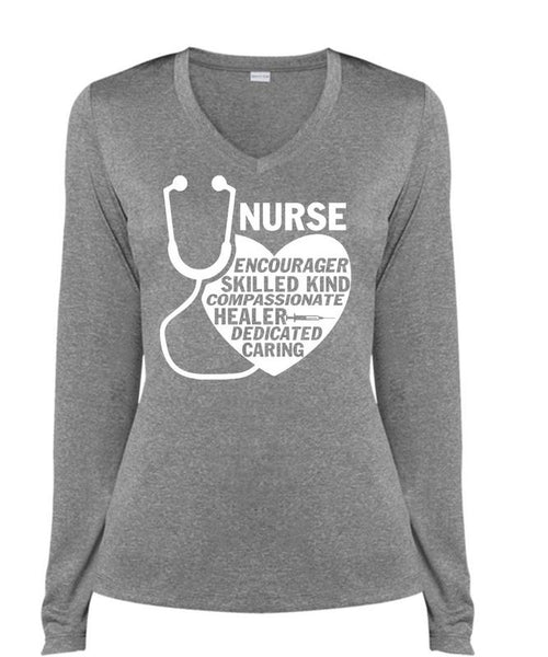 Nurse Encourager Skilled Kind T Shirt, Healer Dedicated Caring T Shirt, Cool Shirt (Ladies LS Heather V-Neck)