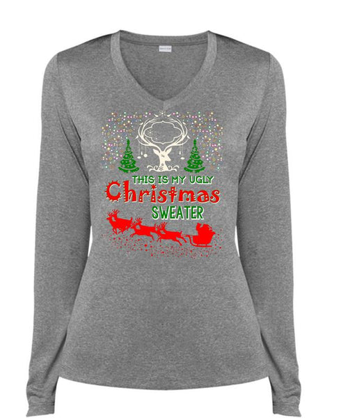 This Is My Ugly Christmas Sweater T Shirt, I Love Christmas T Shirt, Cool Shirt (Ladies LS Heather V-Neck)