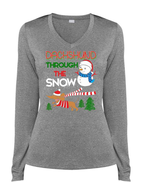 Dachshund Through The Snow T Shirt, I Love Christmas T Shirt, Cool Shirt (Ladies LS Heather V-Neck)