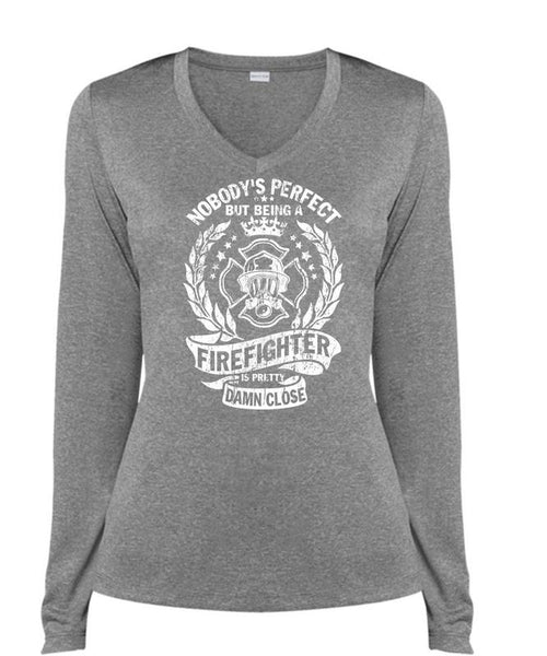 Being A Firefighter Is Pretty Damn Close T Shirt, I Love Firefighter T Shirt, Cool Shirt (Ladies LS Heather V-Neck)
