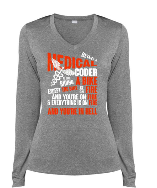 Being A Medical Coder T Shirt, Riding A Bike T Shirt, Cool Shirt (Ladies LS Heather V-Neck)