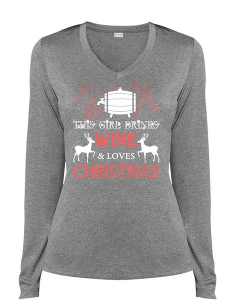 This Girl Drinks Wine T Shirt, Loves Christmas T Shirt, Cool Shirt (Ladies LS Heather V-Neck)