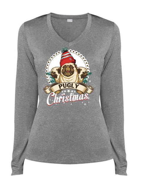Pugly Christmas T Shirt, I Love Christmas T Shirt, Cool Shirt (Ladies LS Heather V-Neck)