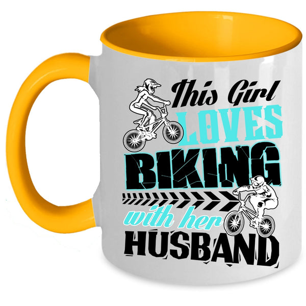 Gift For Wedding Coffee Mug, This Girl Loves Biking With Her Husband Accent Mug
