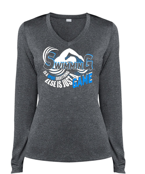 Swimming Is A Sport T Shirt, Else Is Just A Game T Shirt, Cool Shirt (Ladies LS Heather V-Neck)