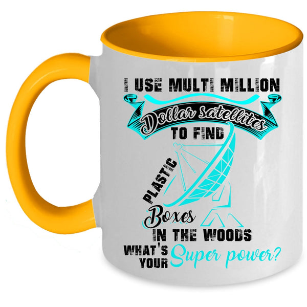 Funny Geocaching Coffee Mug, Plastic Boxes In The Woods Accent Mug