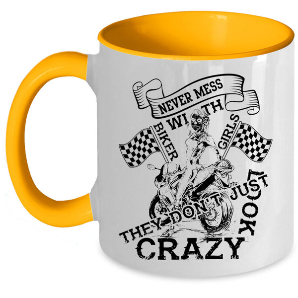 Pretty Girls Coffee Mug, Never Mess With Biker Girls Accent Mug
