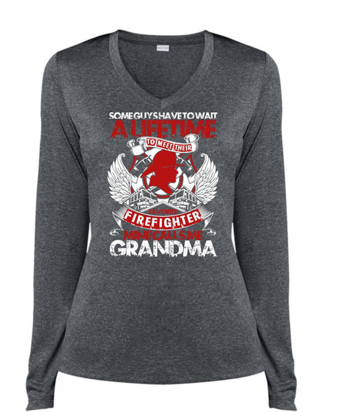 Meet Their Favorite Firefighter T Shirt, Calls Me Grandma T Shirt, Cool Shirt (Ladies LS Heather V-Neck)
