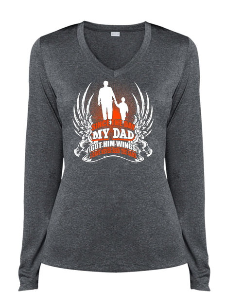 Since The Day My Dad Got Him Wings T Shirt, Being A Papa T Shirt, Cool Shirt (Ladies LS Heather V-Neck)