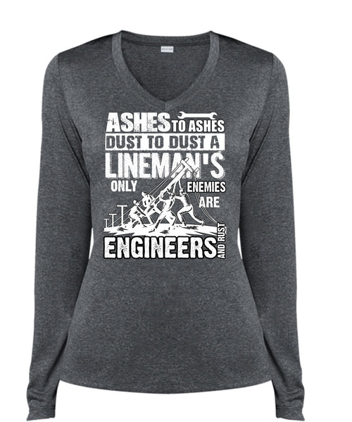 Lineman's Only Enemies T Shirt, Engineers And Rust T Shirt, Cool Shirt (Ladies LS Heather V-Neck)