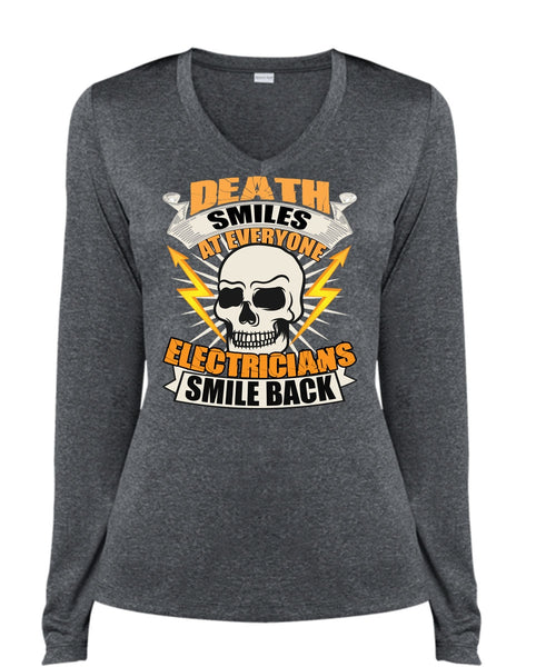 Electricians Smile Back T Shirt, Death Smiles T Shirt, Cool Shirt (Ladies LS Heather V-Neck)