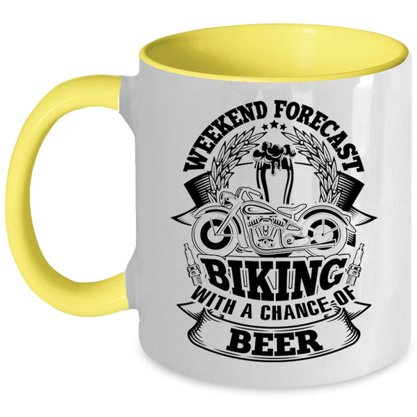 Funny Biking Coffee Mug, Weekend Forecast Biking With A Chance Of Beer Accent Mug