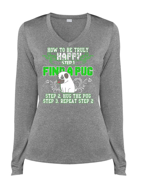Find A Pug T Shirt, Hug The Pug T Shirt, Cool Shirt (Ladies LS Heather V-Neck)