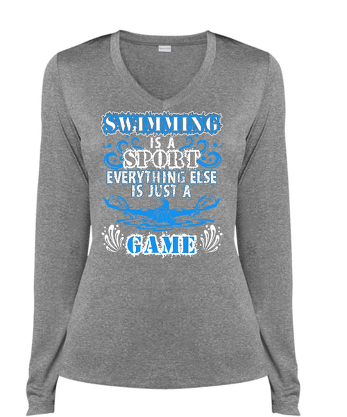 Swimming Is A Sport T Shirt, Just A Game T Shirt, Cool Shirt (Ladies LS Heather V-Neck)