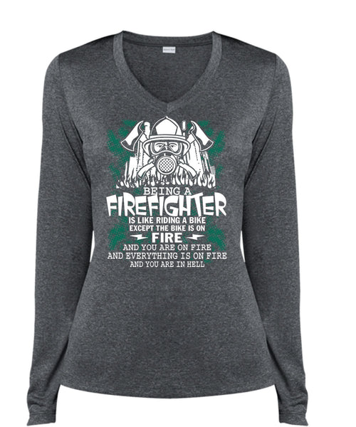 Being A Firefighter T Shirt, Riding A Bike T Shirt, Cool Shirt (Ladies LS Heather V-Neck)