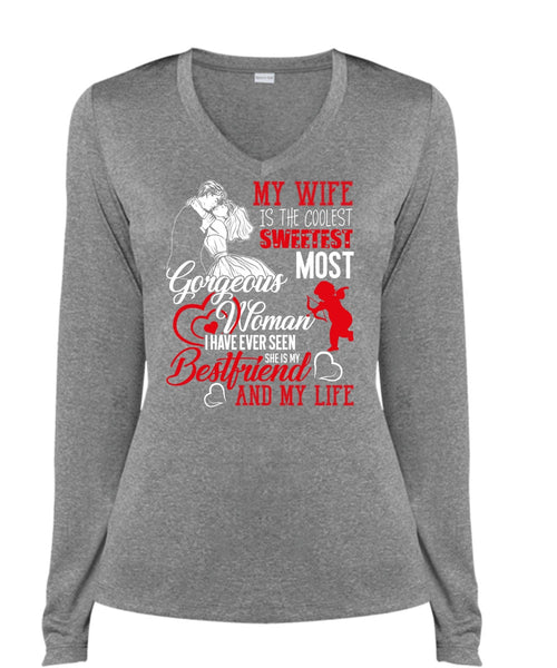 My Wife Is The Coolest T Shirt, She Is My Best Friend T Shirt, Cool Shirt (Ladies LS Heather V-Neck)
