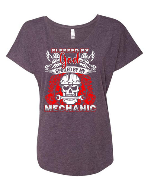 God Spoiled By My Mechanic T Shirt, I Love Mechanic T Shirt, Cool Shirt (Ladies' Triblend Dolman Sleeve)
