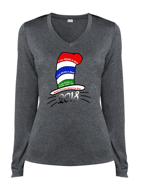Dr. Seuss T Shirt, I Can Read In Red T Shirt, The Cat in the Hat T Shirt, I Can Read In Blue T Shirt, Cool Shirt (Ladies LS Heather V-Neck)