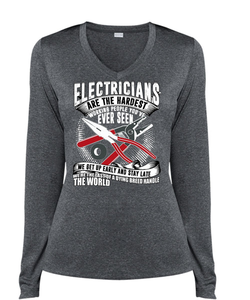 Electricians Are The Hardest Working T Shirt, Dying Breed Handle T Shirt, Cool Shirt (Ladies LS Heather V-Neck)