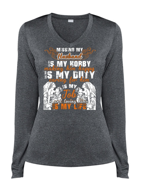 Missing My Husband T Shirt, Loving Him Is My Life T Shirt, Cool Shirt (Ladies LS Heather V-Neck)